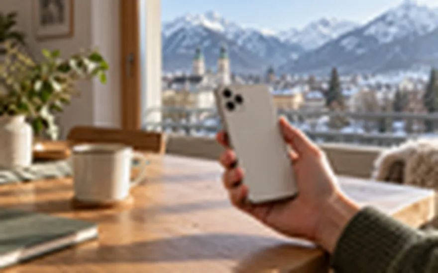 22BET App: Rückseite eines Smartphones vor einem unscharfen Innsbrucker Alpenpanorama