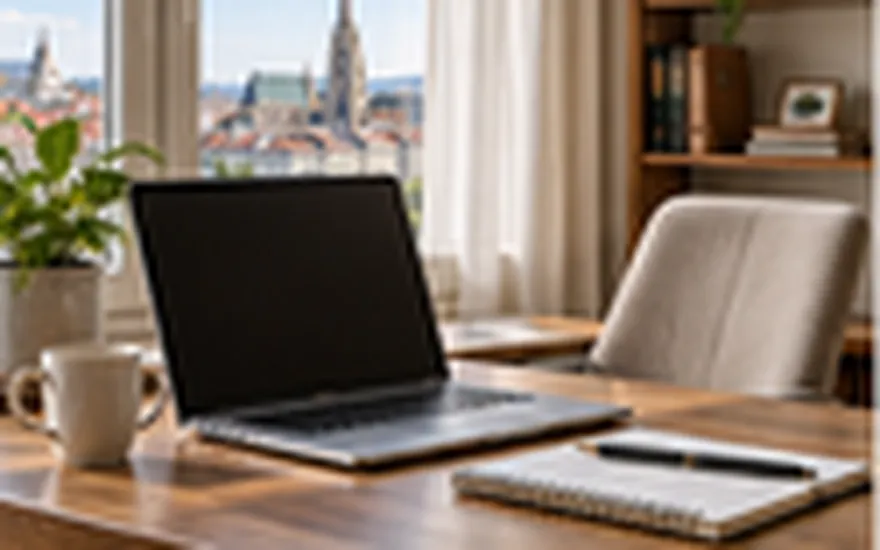 Online Casino Österreich: neutraler Laptop und Notizbuch an einem Wiener Arbeitsplatz