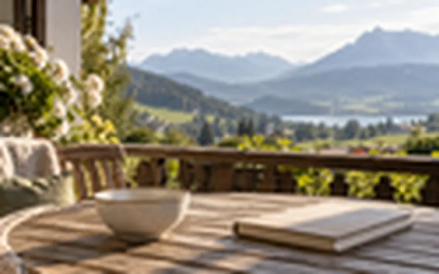 Online Casino Echtgeld: leere Schale und geschlossenes Notizbuch auf einem Salzburger Balkon