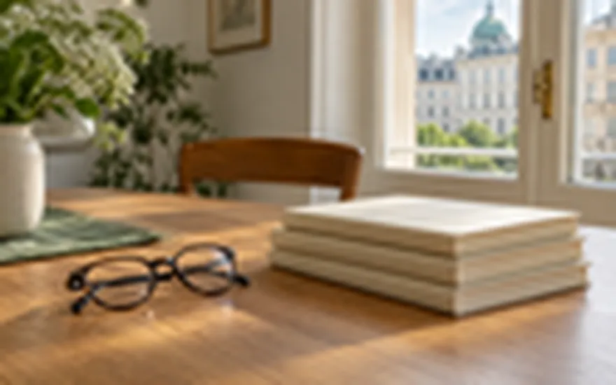 Beste Online Casinos Österreich: Lesebrille neben drei gleichartigen geschlossenen Notizbüchern in Wien