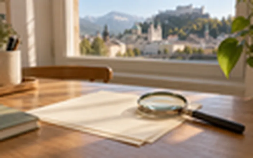 22BET Erfahrungen: Lupe über unbeschrifteten Unterlagen auf einem Salzburger Schreibtisch