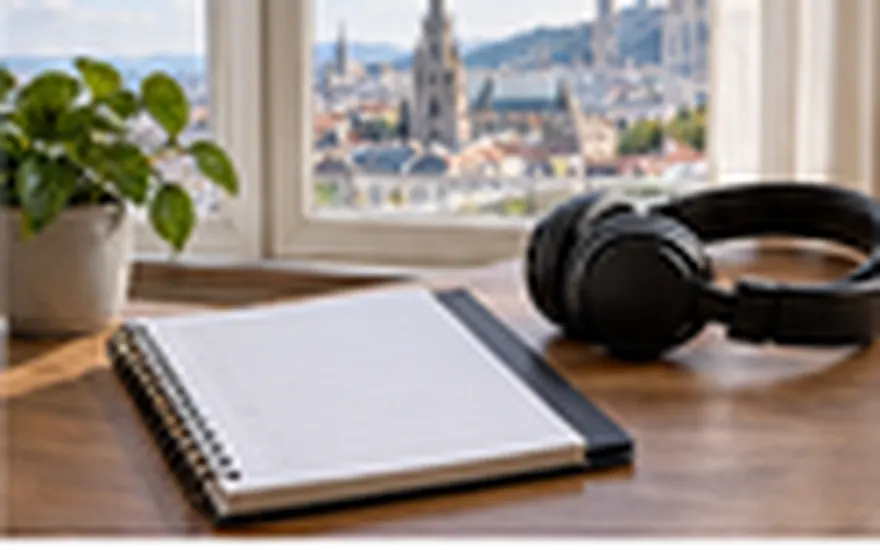 Kontakt zu Alpenklar: Notizbuch und Kopfhörer vor einem Wiener Fenster