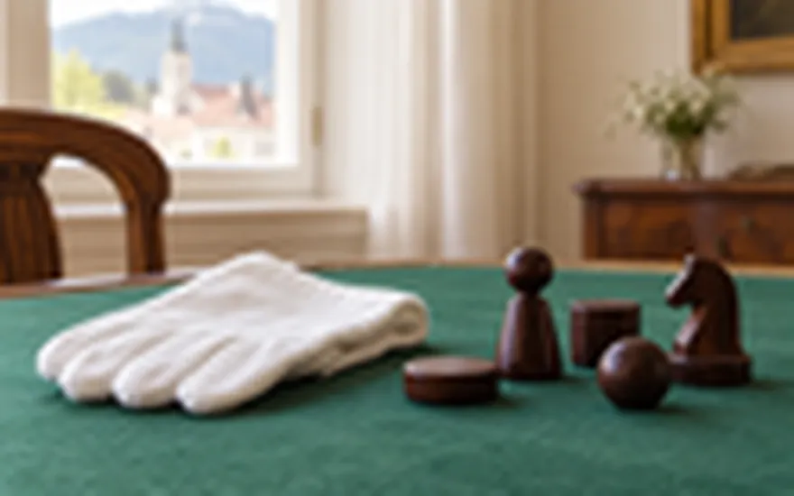 Live Casino Österreich: weißer Handschuh und neutrale Spielsteine auf einem österreichischen Studiotisch