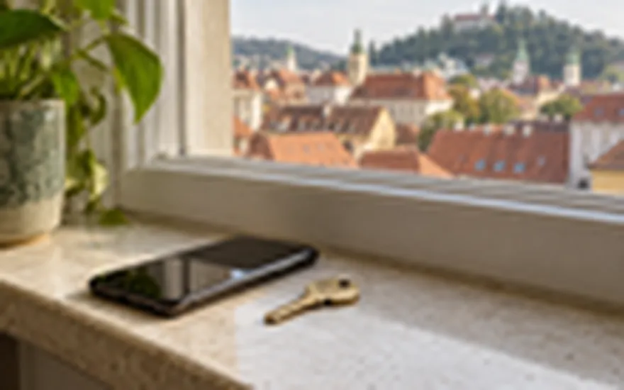 22BET Login: ausgeschaltetes Smartphone und einzelner Schlüssel auf einer Grazer Fensterbank
