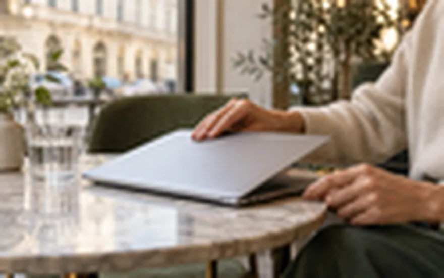 22BET Login: Hände schließen einen Laptop auf einem ruhigen Tisch in einem Wiener Café