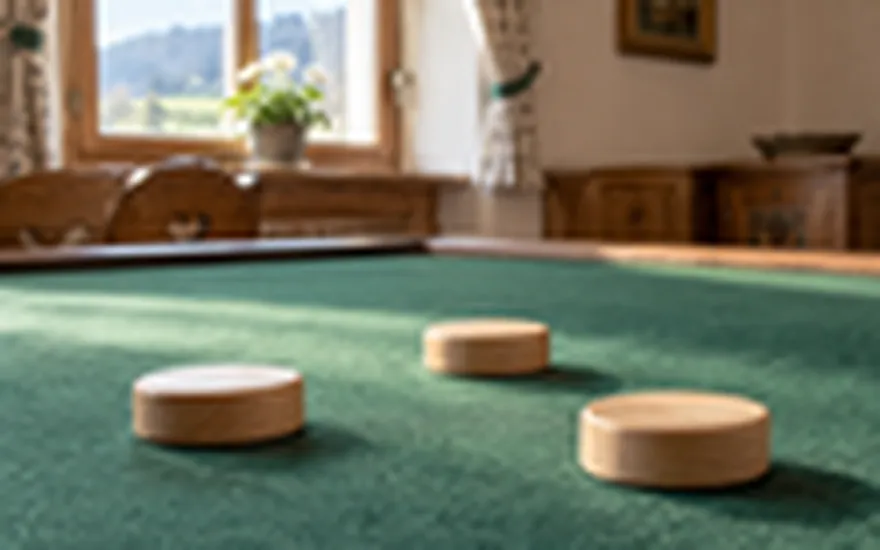 Online Slots Österreich: drei neutrale Holzscheiben auf einem grünen Spieltisch in Österreich
