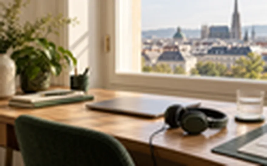 22BET Support: Headset und geschlossener Laptop vor einem Fenster mit Blick auf Wiener Dächer