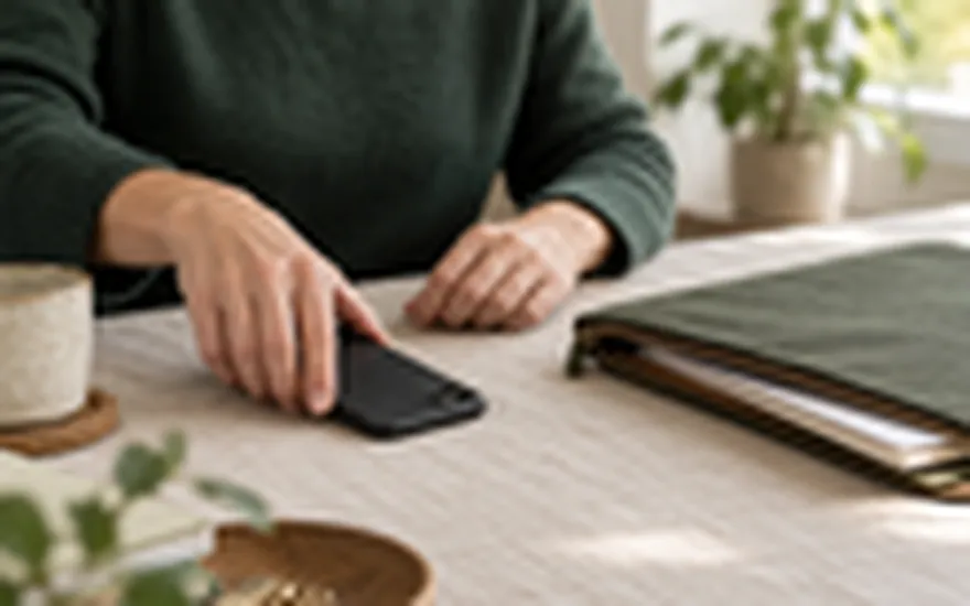 22BET Verifizierung: eine Hand legt ein Smartphone neben einer geschlossenen Dokumententasche mit dem Bildschirm nach unten