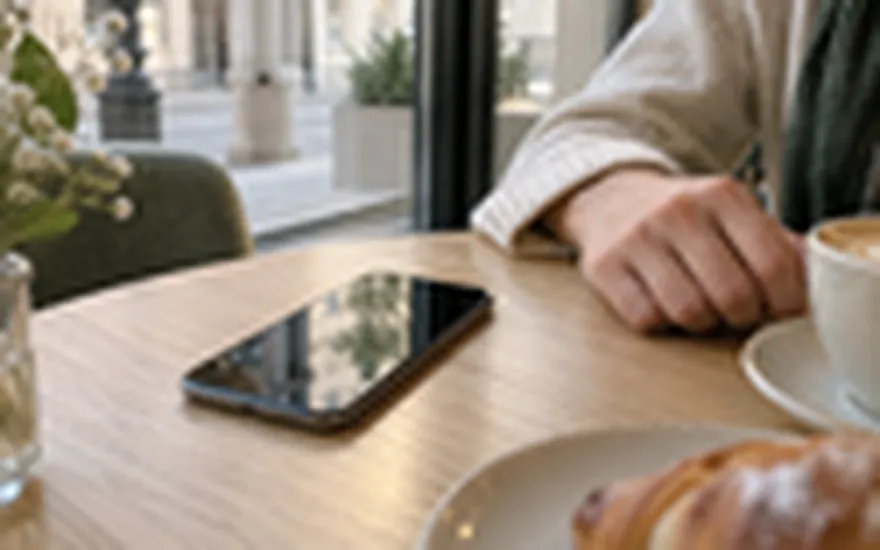 Apple Pay Casino: ausgeschaltetes Smartphone neben einer erwachsenen Hand in einem Wiener Café