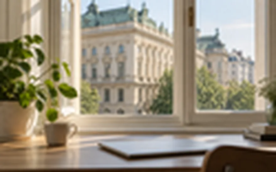 Online Casino mit eps Einzahlung: geschlossener Laptop vor einer unscharfen österreichischen Bankfassade