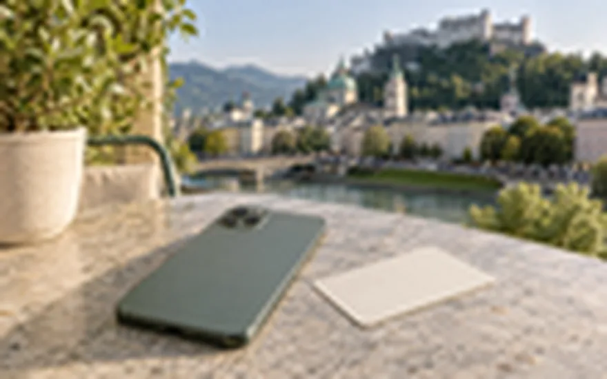 Google Pay Casino: Smartphone-Rückseite neben einer neutralen Karte auf einem Salzburger Tisch
