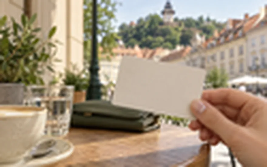 Paysafecard Casino: unbedruckte neutrale Karte über einem Grazer Cafétisch