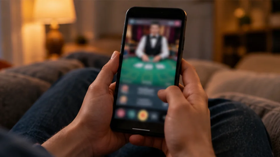 Smartphone mit Live-Übertragung eines Kartentischs am Abend